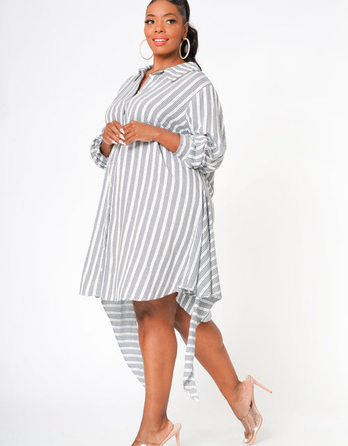 Load image into Gallery viewer, Plus Size Lace Trim Wrapped Shirt Dress in Ditsy Gingham by Shop at Konus
