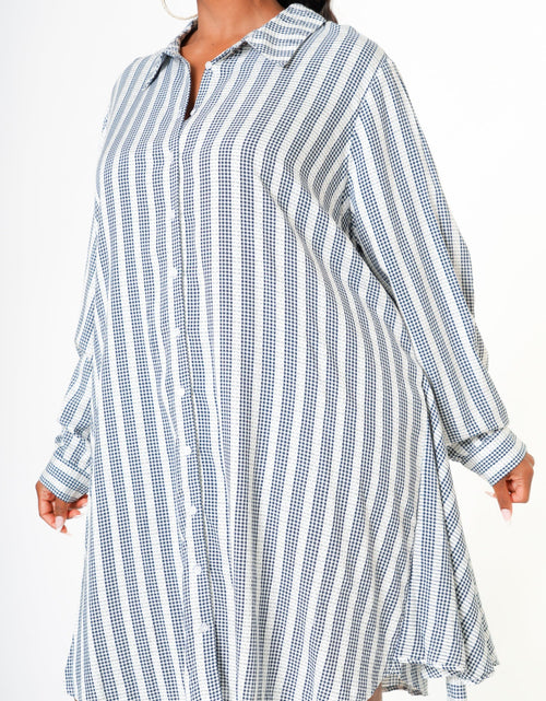 Load image into Gallery viewer, Plus Size Lace Trim Wrapped Shirt Dress in Ditsy Gingham by Shop at Konus
