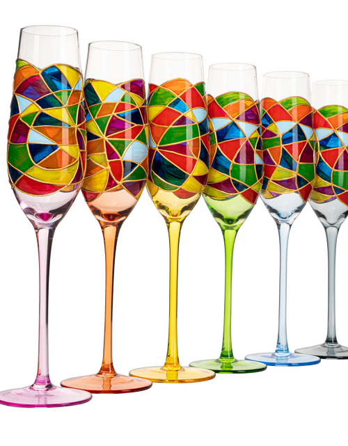 Load image into Gallery viewer, Stained Glass Champagne Flutes Set of 6 Hand Painted - Wine Savant - Hand Blown 7 Ounce Colorful Renaissance Champagne Glasses - 10.2" Tall, 2.7" Diameter Rainbow Multicolor Design Glassware by The Wine Savant
