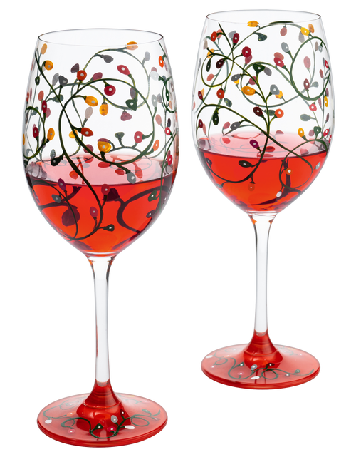 Load image into Gallery viewer, Stemmed Christmas Lights Wine Glasses Set of 2 - Hand Painted Wine Glass Ornament Light Bulbs Glasses, Perfect for Wine, Champagne, Holiday Parties and Festivities - 9.5" High, 21 oz Capacity by The Wine Savant
