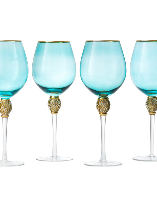 Load image into Gallery viewer, The Wine Savant Large Diamond Wine Glasses, 10" H Gold Rim Rhinestone Diamond Glasses - Wedding Glasses - 18 Ounce, Premium Designed Wine Glasses for Spirits and Wine, Gift Boxed (4, Blue) by The Wine Savant
