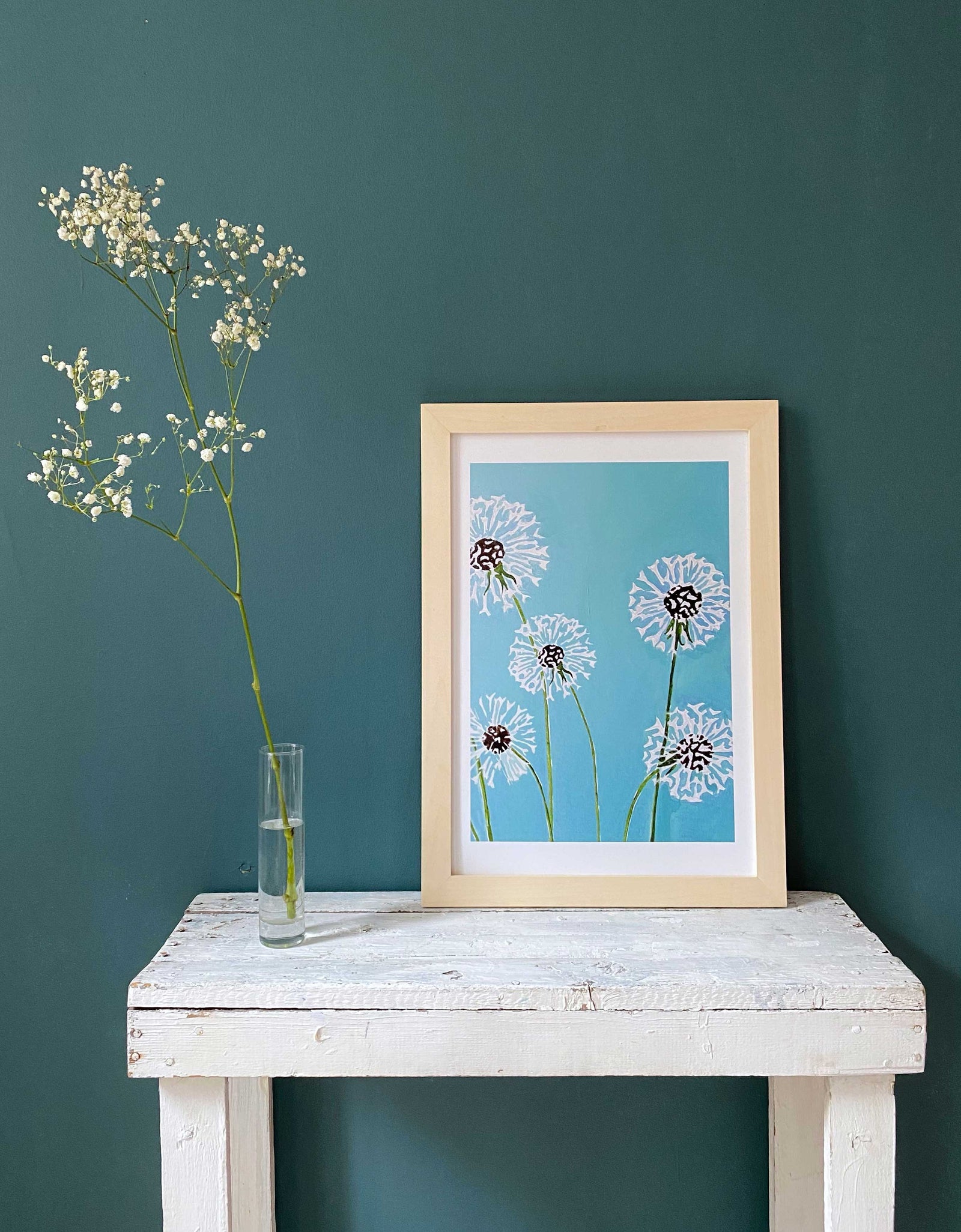 Art Print:  Dandelions on Aqua by India & Purry