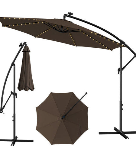 10 Feet Patio Offset Umbrella with 112 Solar-Powered LED Lights-Beige-Coffee