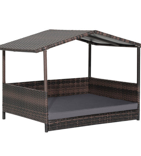 Outdoor Wicker Dog House with Weatherproof Roof-Gray