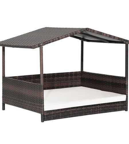 Outdoor Wicker Dog House with Weatherproof Roof-White