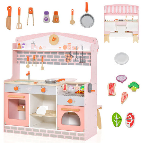 Load image into Gallery viewer, Double-Sided Kids Play Kitchen Set with Canopy and 2 Seats
