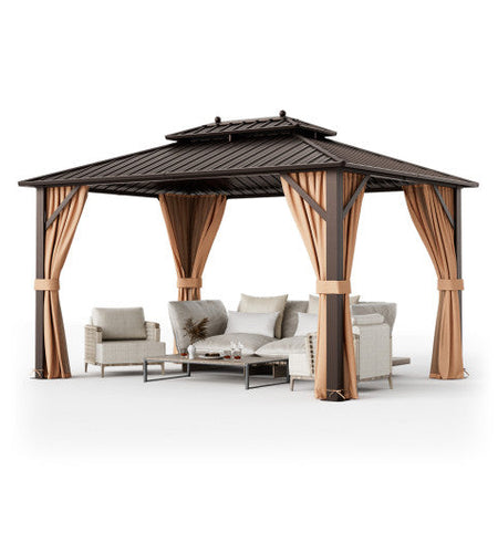 10x13ft Double-Roof Patio Hardtop Gazebo with Galvanized Steel Roof Netting and Curtains-Coffee