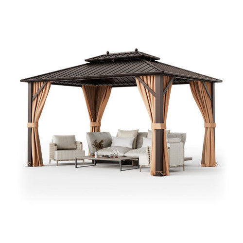 Load image into Gallery viewer, 10x13ft Double-Roof Patio Hardtop Gazebo with Galvanized Steel Roof Netting and Curtains-Coffee
