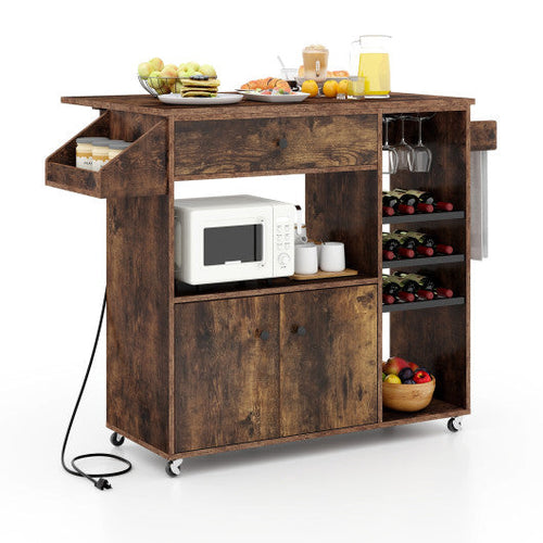 Load image into Gallery viewer, Drop Leaf Mobile Kitchen Island Cart with Power Outlet and Adjustable Shelf-Rustic Brown
