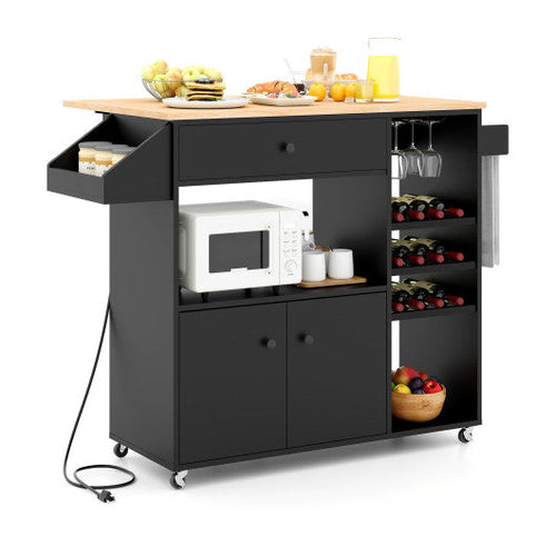 Load image into Gallery viewer, Drop Leaf Mobile Kitchen Island Cart with Power Outlet and Adjustable Shelf-Black and Natural

