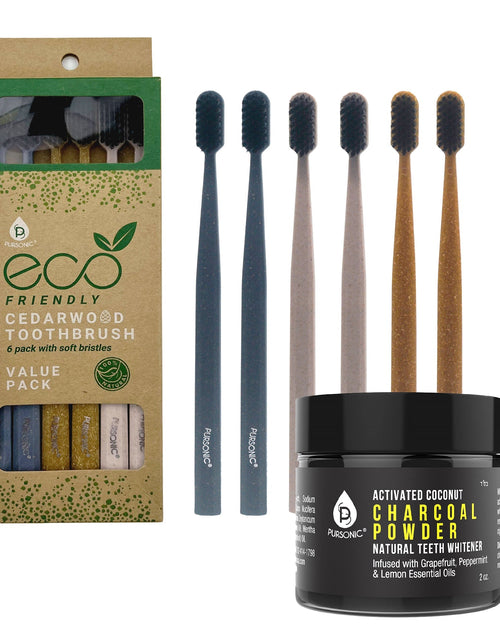 Load image into Gallery viewer, Natural Radiance Combo: Activated Coconut Charcoal Powder Natural Teeth Whitener + 100% Eco-friendly Cedarwood Toothbrushes (6 Pack) by Pursonic
