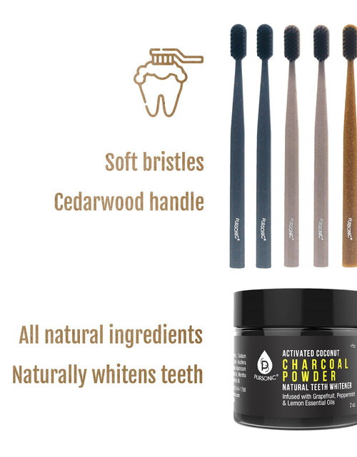 Load image into Gallery viewer, Natural Radiance Combo: Activated Coconut Charcoal Powder Natural Teeth Whitener + 100% Eco-friendly Cedarwood Toothbrushes (6 Pack) by Pursonic
