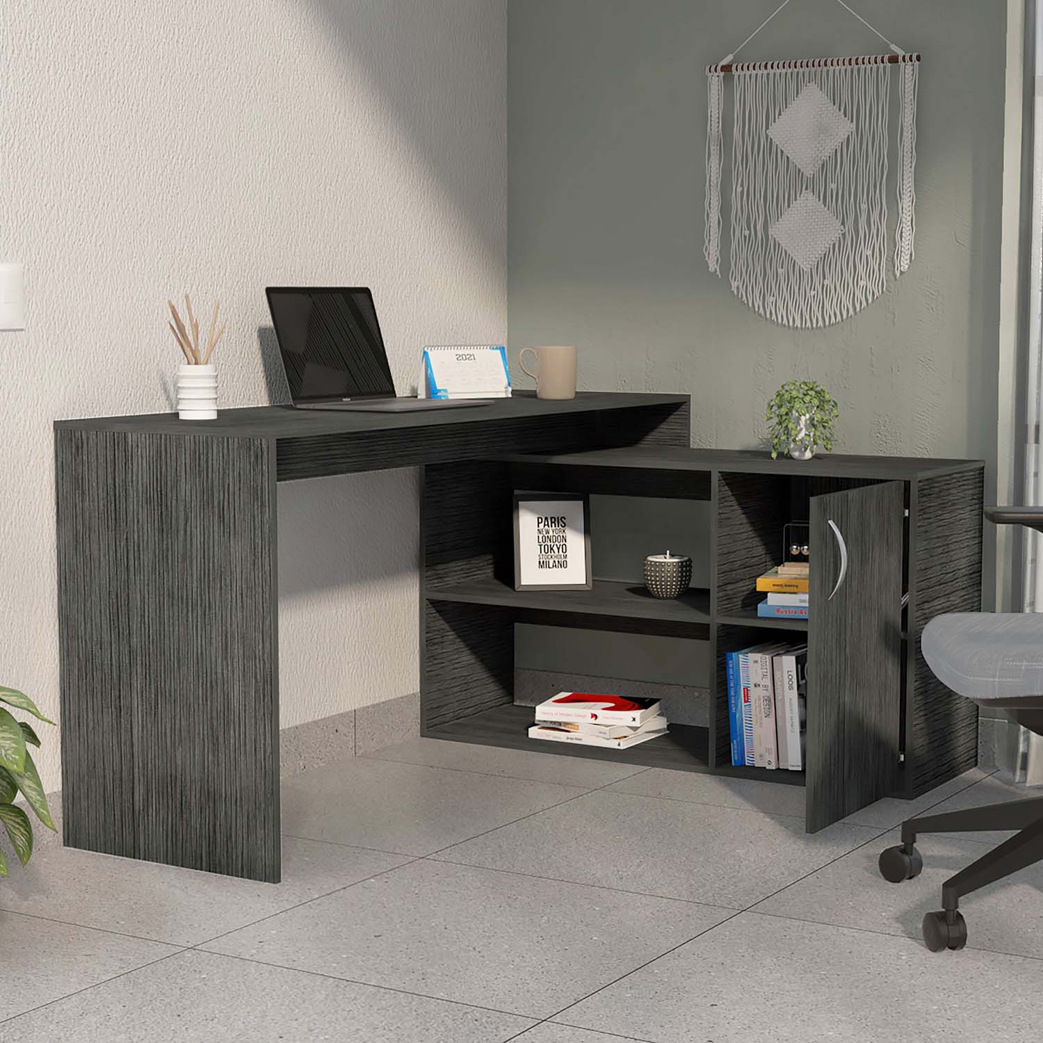 Dallas L-Shaped Home Office Desk, Two Shelves, One Drawer by FM FURNITURE