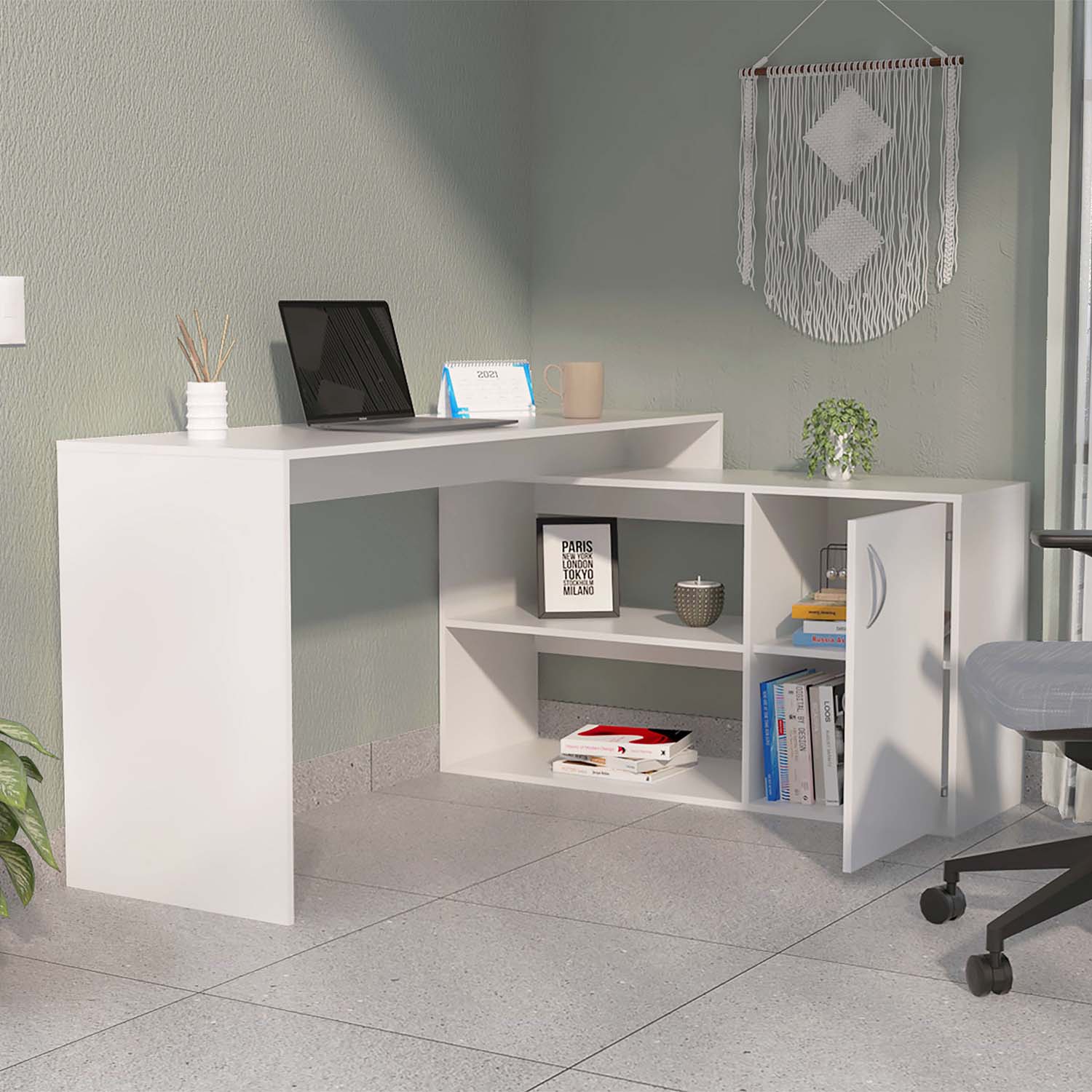 Dallas L-Shaped Home Office Desk, Two Shelves, One Drawer by FM FURNITURE