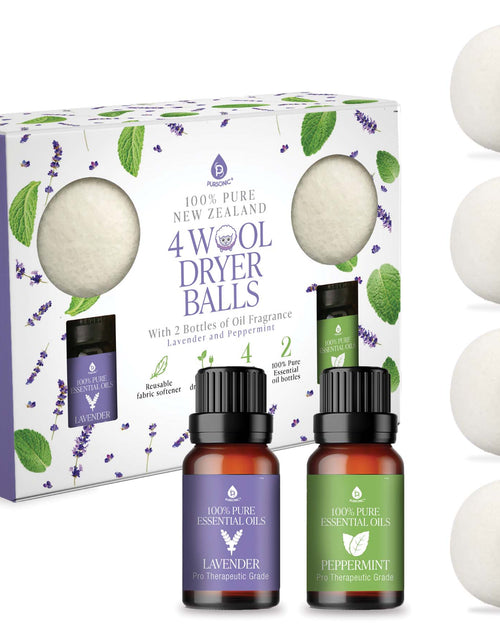 Load image into Gallery viewer, Wool Dryer Balls Bundle - Reusable Laundry Balls Made from Pure New Zealand Wool - Includes Lavender &amp; Peppermint Oils by Pursonic
