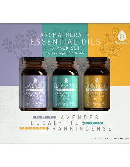 Load image into Gallery viewer, 3 Pack Aromatherapy Essential oils (Lavender, Eucalyptus, Frankincense) by Pursonic
