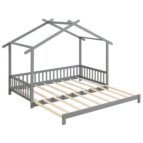 Load image into Gallery viewer, Extendable House Bed Twin to King Daybed with Roof and Fence Rails-Gray
