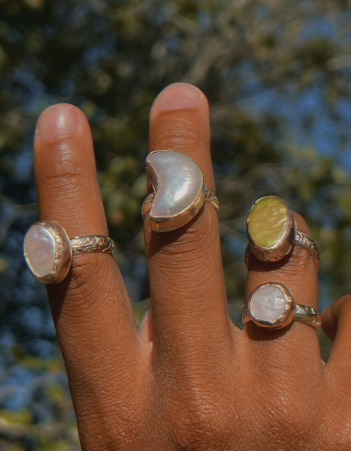 Load image into Gallery viewer, Iridescent Green Pearl Floral Band by Toasted Jewelry

