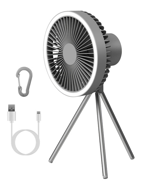 Load image into Gallery viewer, Camping Fan with Lantern 10000mAh Rechargeable Battery Powered Portable Tripod Fan for Tent with Hanging Hook Carabiner Emergency Power Bank Desk Fan
