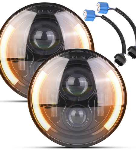 2Pcs 7In 40W Round LED Headlights 3800LM Halo Car Headlamp with DRL Turn Light High Low Beam Fit for Honda Yamaha Motorcycle Jeep Wrangler TJ JK CJ