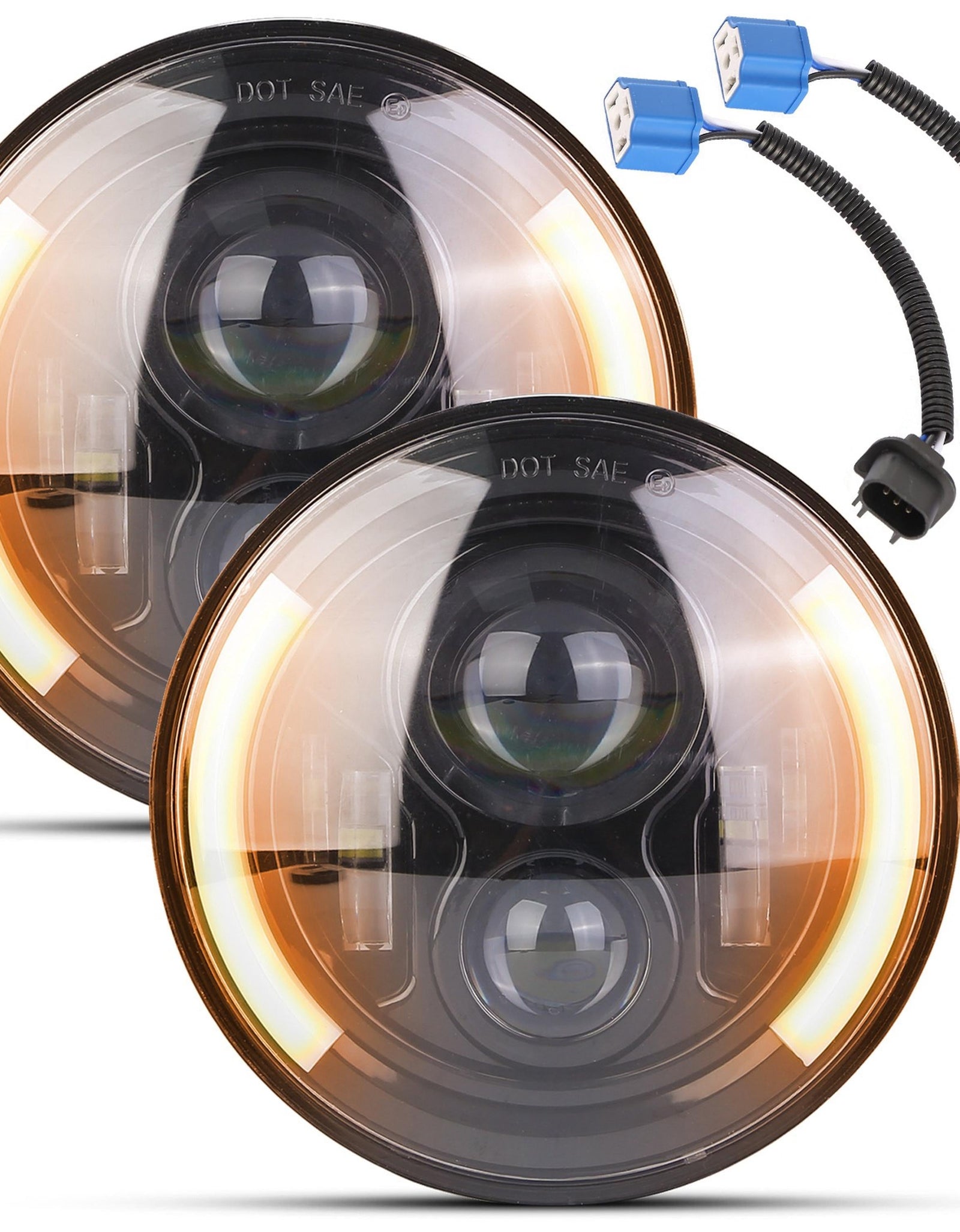 2Pcs 7In 40W Round LED Headlights 3800LM Halo Car Headlamp with DRL Turn Light High Low Beam Fit for Honda Yamaha Motorcycle Jeep Wrangler TJ JK CJ