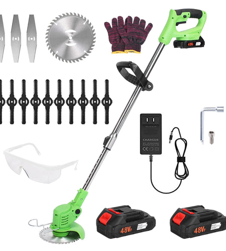 24V 300W Cordless Grass Trimmer Rechargeable Lawn Mower 18000M/Min Weed Cutter with Saw Blade 2 Stainless Steel Blades 10 Plastic Blades 2 Rechargeabl