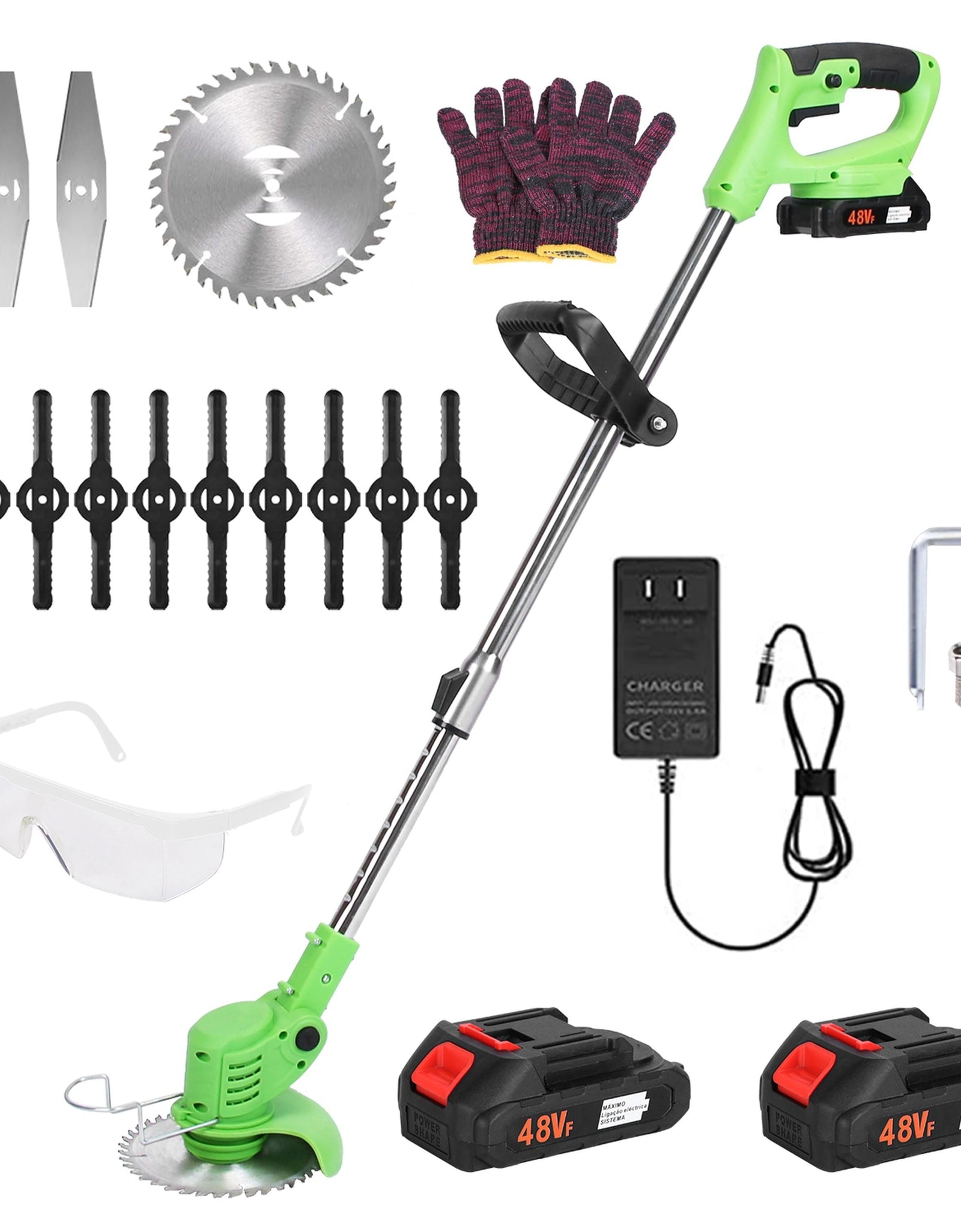 24V 300W Cordless Grass Trimmer Rechargeable Lawn Mower 18000M/Min Weed Cutter with Saw Blade 2 Stainless Steel Blades 10 Plastic Blades 2 Rechargeabl