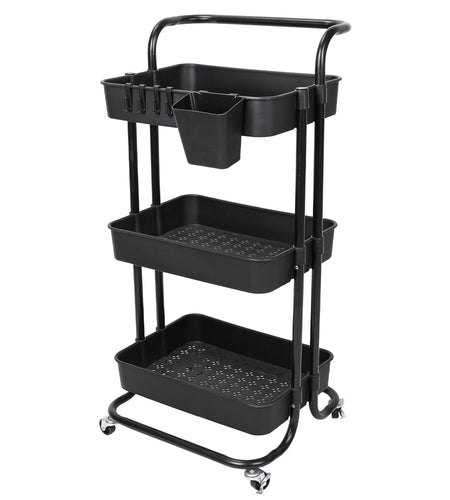 3 Tier Rolling Utility Cart Movable Storage Organizer with Mesh Baskets Lockable Wheels 360 Degree Rotatable Hanging Box Hooks Bedroom Bathroom Kitche