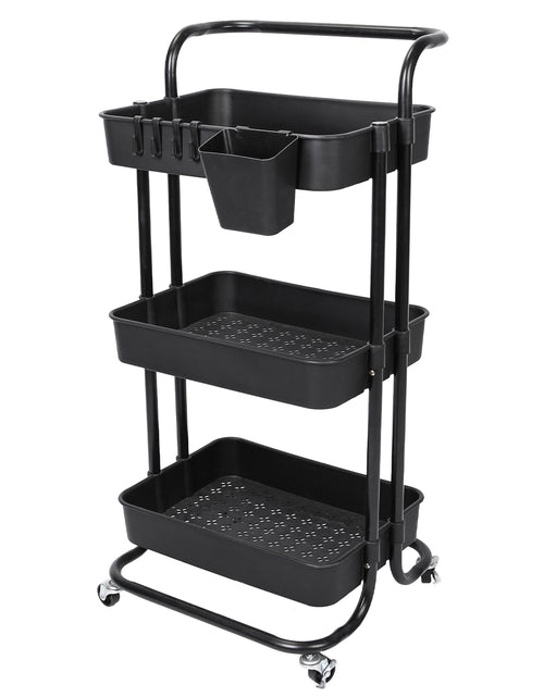 Load image into Gallery viewer, 3 Tier Rolling Utility Cart Movable Storage Organizer with Mesh Baskets Lockable Wheels 360 Degree Rotatable Hanging Box Hooks Bedroom Bathroom Kitche

