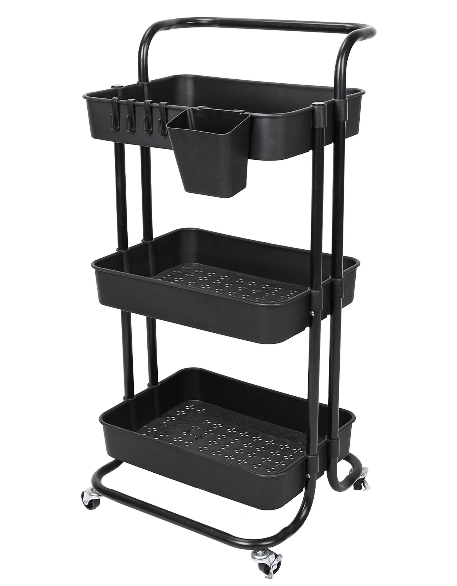 3 Tier Rolling Utility Cart Movable Storage Organizer with Mesh Baskets Lockable Wheels 360 Degree Rotatable Hanging Box Hooks Bedroom Bathroom Kitche