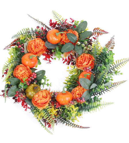 17.71IN Autumn Wreath with Pumpkin Mixed Leaves Berries Flowers Fall Decoration for Indoor Outdoor Window Wall Front Door in Halloween Thanks Giving D