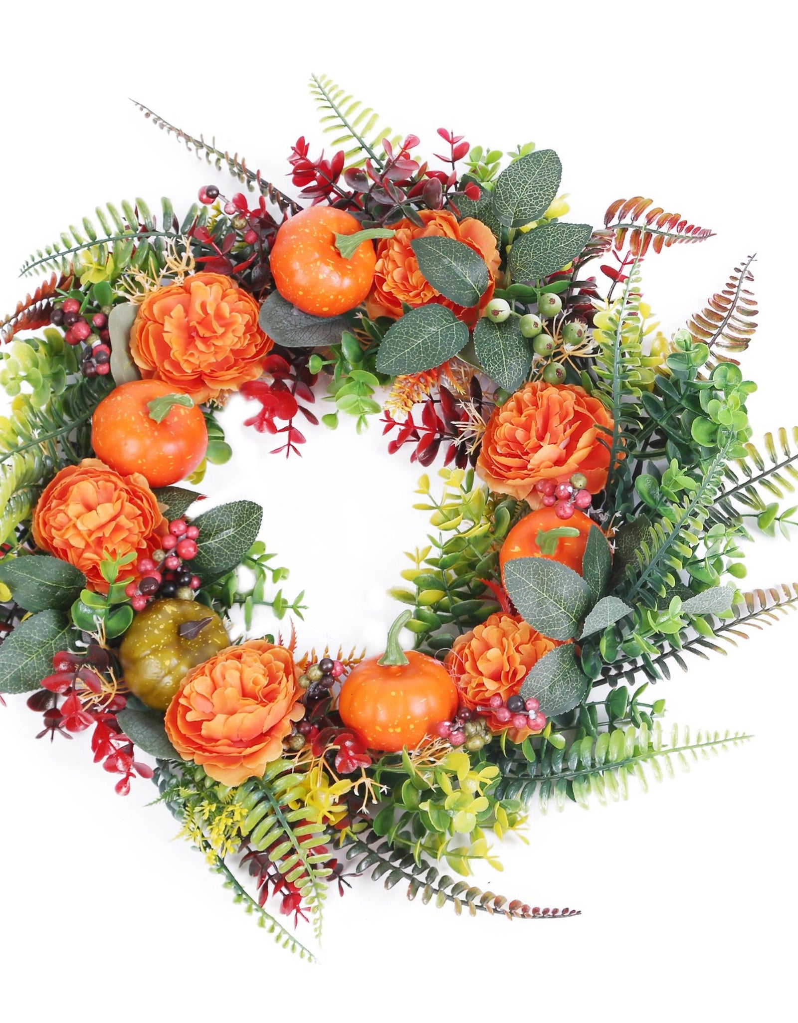 17.71IN Autumn Wreath with Pumpkin Mixed Leaves Berries Flowers Fall Decoration for Indoor Outdoor Window Wall Front Door in Halloween Thanks Giving D