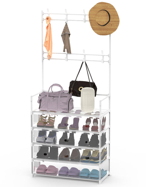 Load image into Gallery viewer, 5-Tier Dustproof Entryway Hall Tree Coat Rack Shoe Rack With 8 Removable Hooks Freestanding Shoe Storage Shelf Hat Clothes Organizer For Front Door Be
