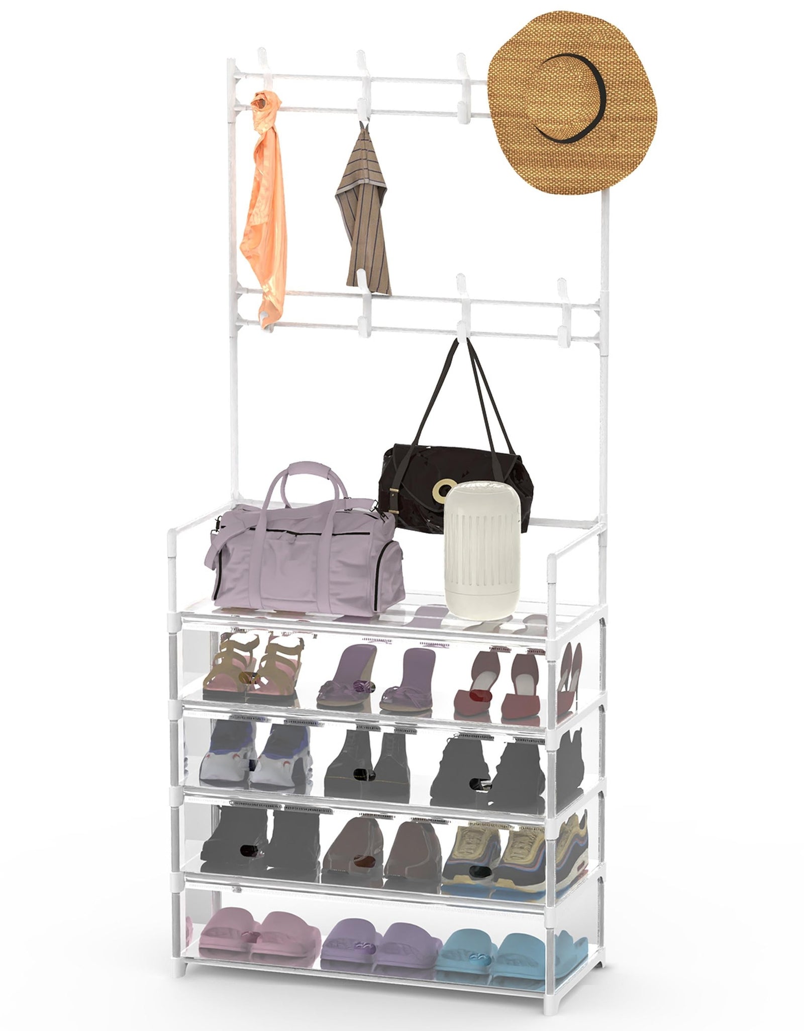 5-Tier Dustproof Entryway Hall Tree Coat Rack Shoe Rack With 8 Removable Hooks Freestanding Shoe Storage Shelf Hat Clothes Organizer For Front Door Be