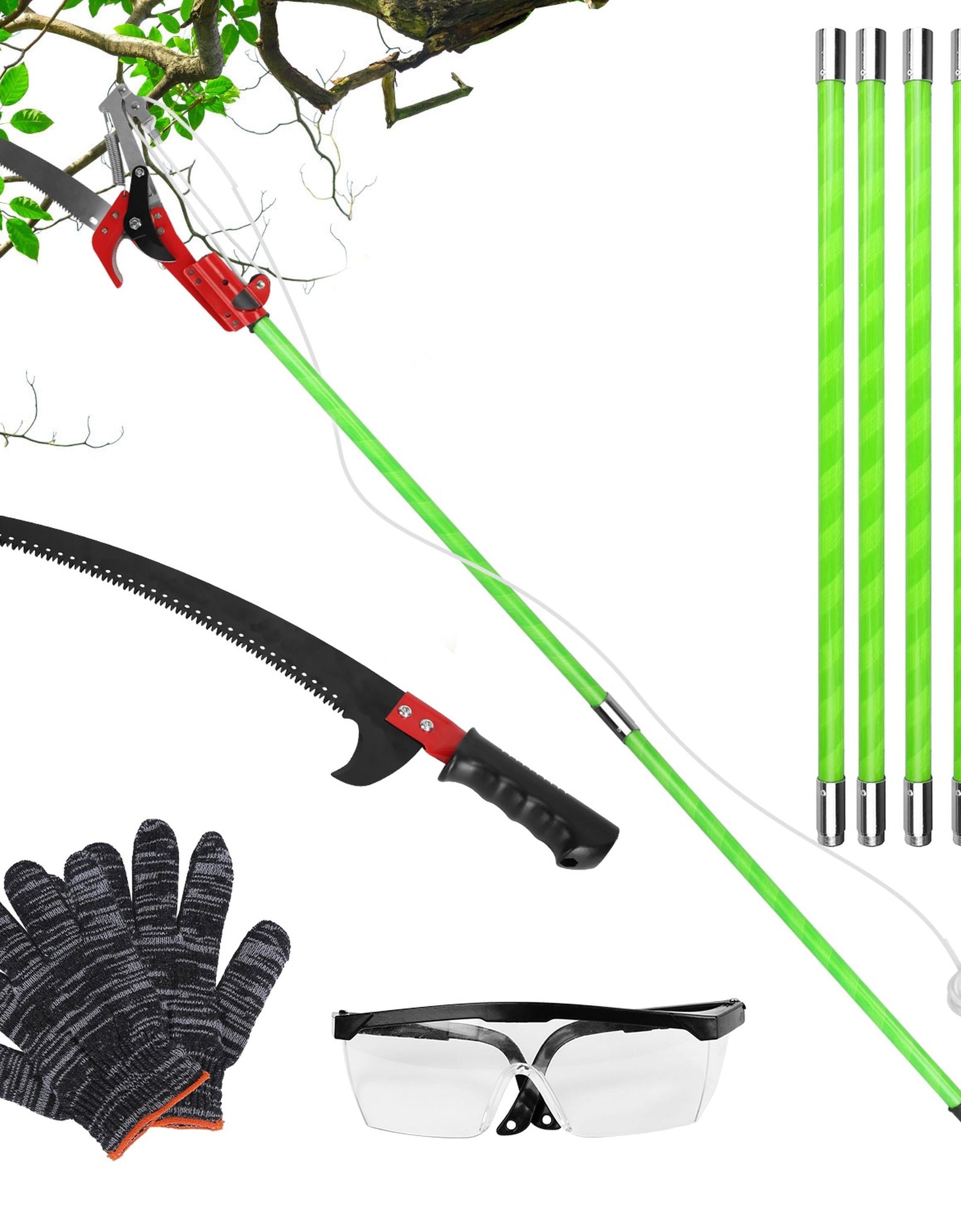 2-in-1 Extra Long Manual Pole Saw, 8.23-28.25FT, Extendable, with Pruner & Saw Blades