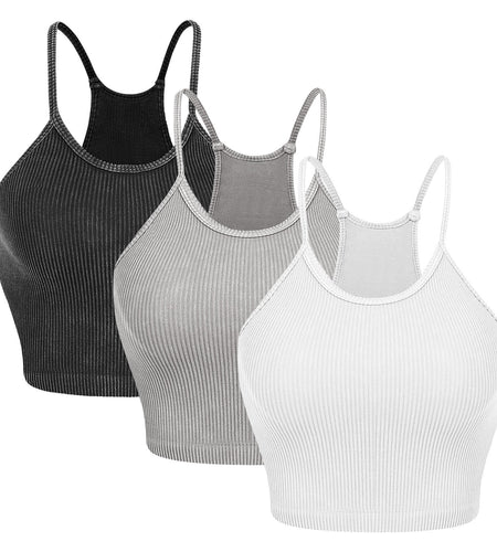 3 Pack Women Crop Basic Tank Top Ribbed Knit Sleeveless Round Neck 9 Color Machine Wash Summer Crop S to XL