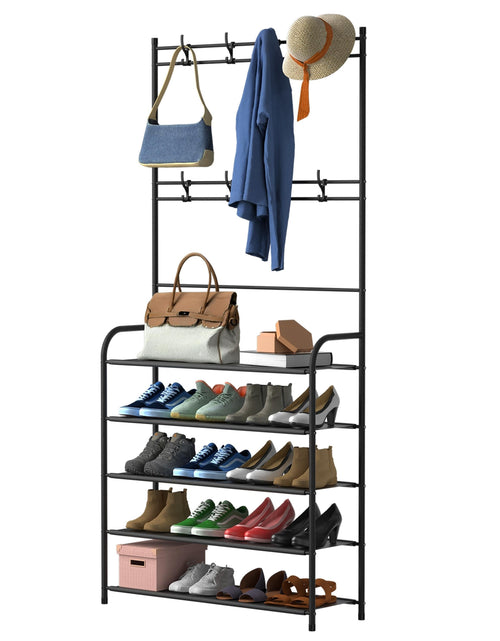 Load image into Gallery viewer, Entryway Coat Hat Rack Shoe Storage Shelf 5 Tier Shoe Rack Freestanding Hall Tree Garment Hanger Stand Clothes Shoe Organizer Combo
