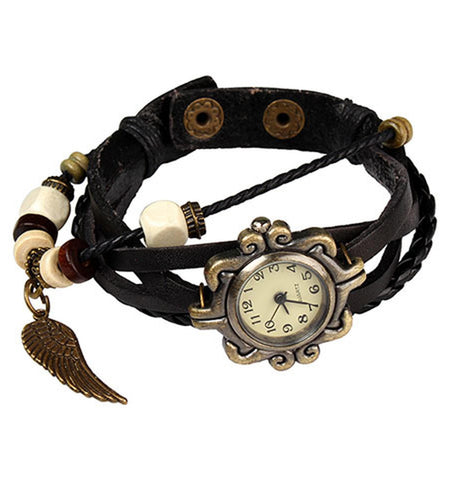 New! Beautiful Bohemian Style Retro Handmade Leather Angel Wing Women\'s Watches-black