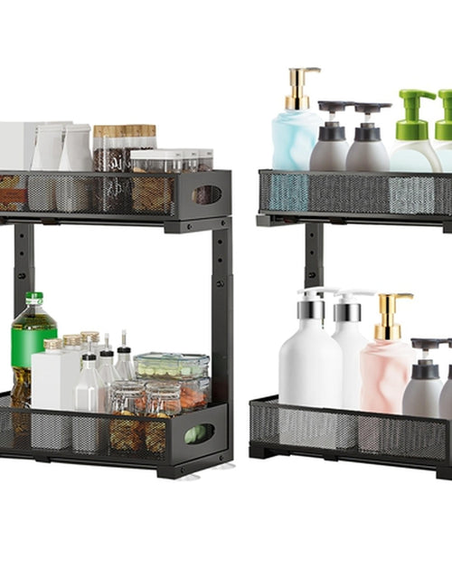 Load image into Gallery viewer, 2Pcs Under Sink Organizer 2 Tier Pull Out Cabinet Baskets Storage Shelf Sliding Storage Drawers Rack with 5 Adjustable Height Mesh Baskets for Home Ki
