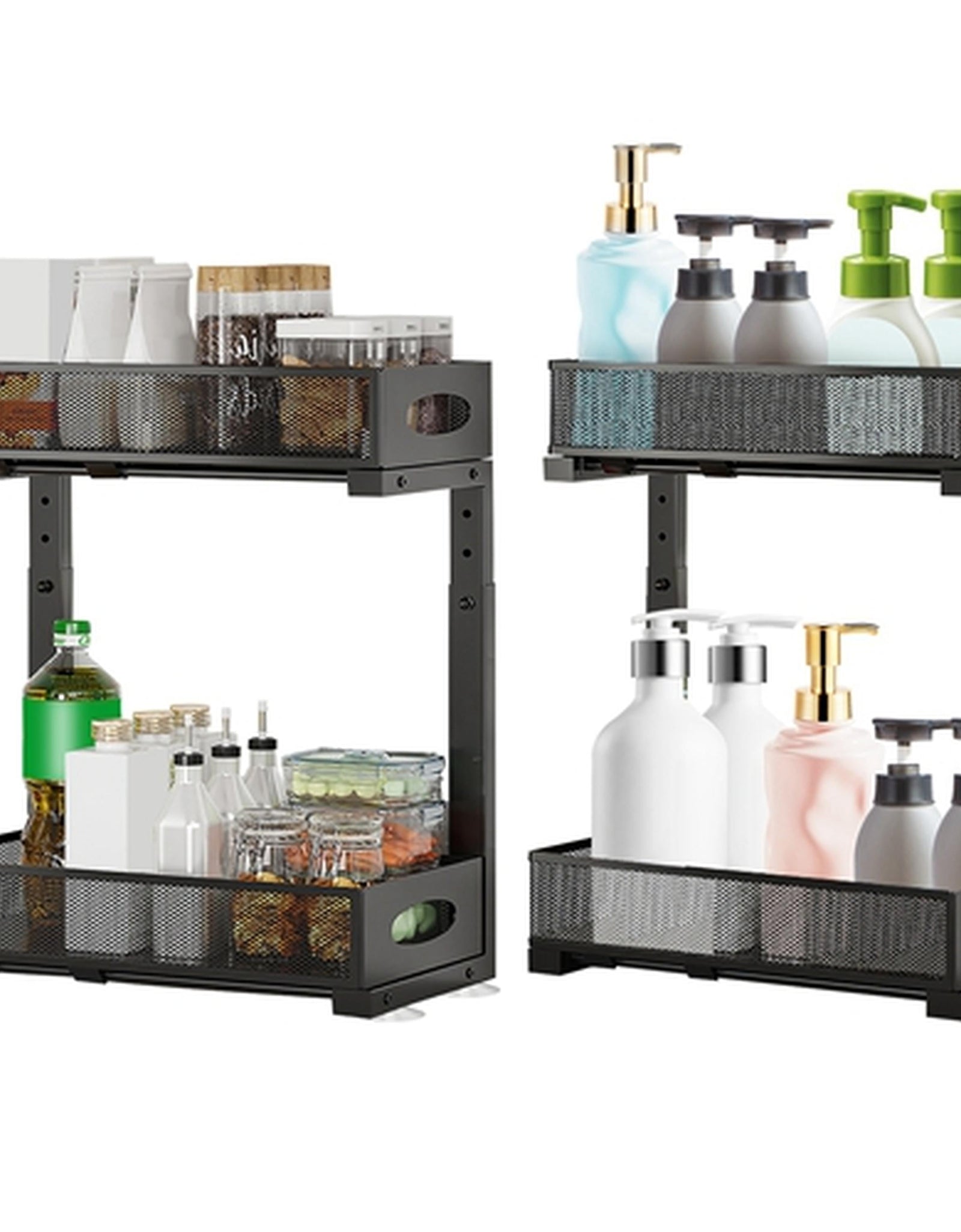 2Pcs Under Sink Organizer 2 Tier Pull Out Cabinet Baskets Storage Shelf Sliding Storage Drawers Rack with 5 Adjustable Height Mesh Baskets for Home Ki
