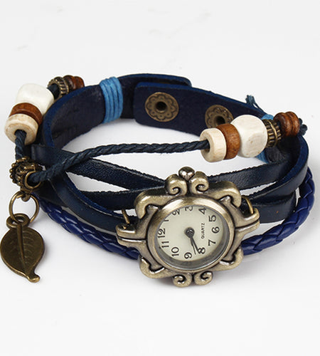 Beautiful Bohemian Style Retro Handmade Leather Tree Leaf Women\'s Watches-blue