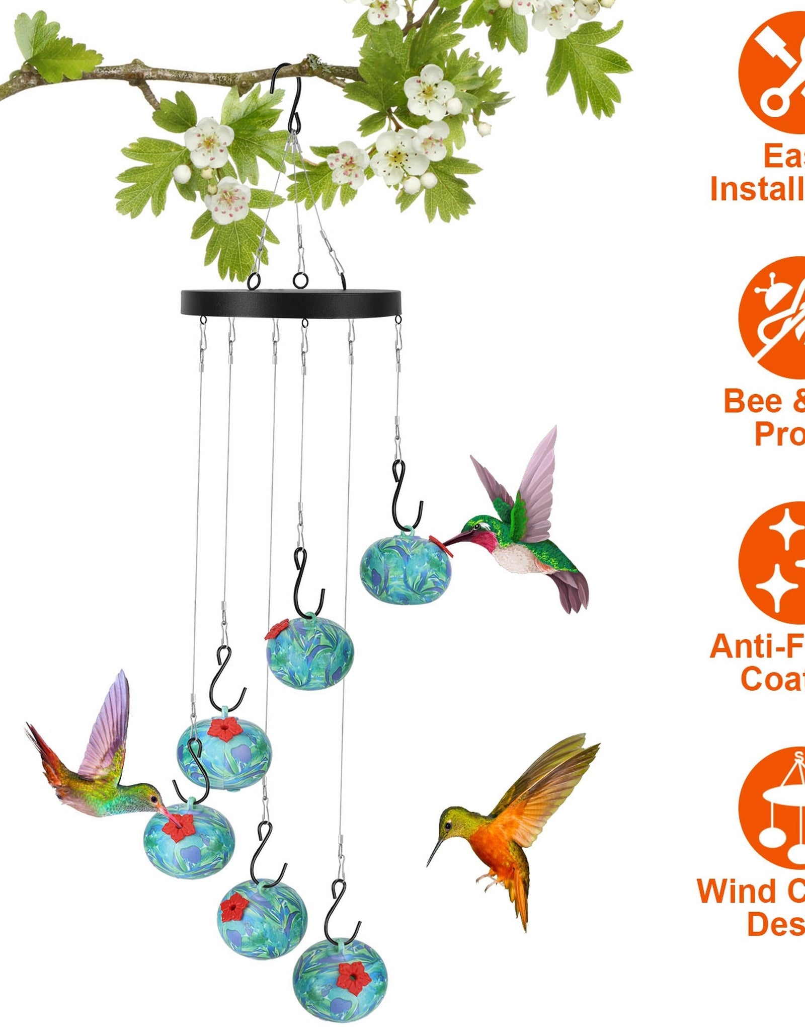 Wind Chimes Humming Bird Feeder Ant and Bee Proof Outdoor Hanging Hummingbird Feeder For Viewing Decoration For Garden Patio Yard Balcony