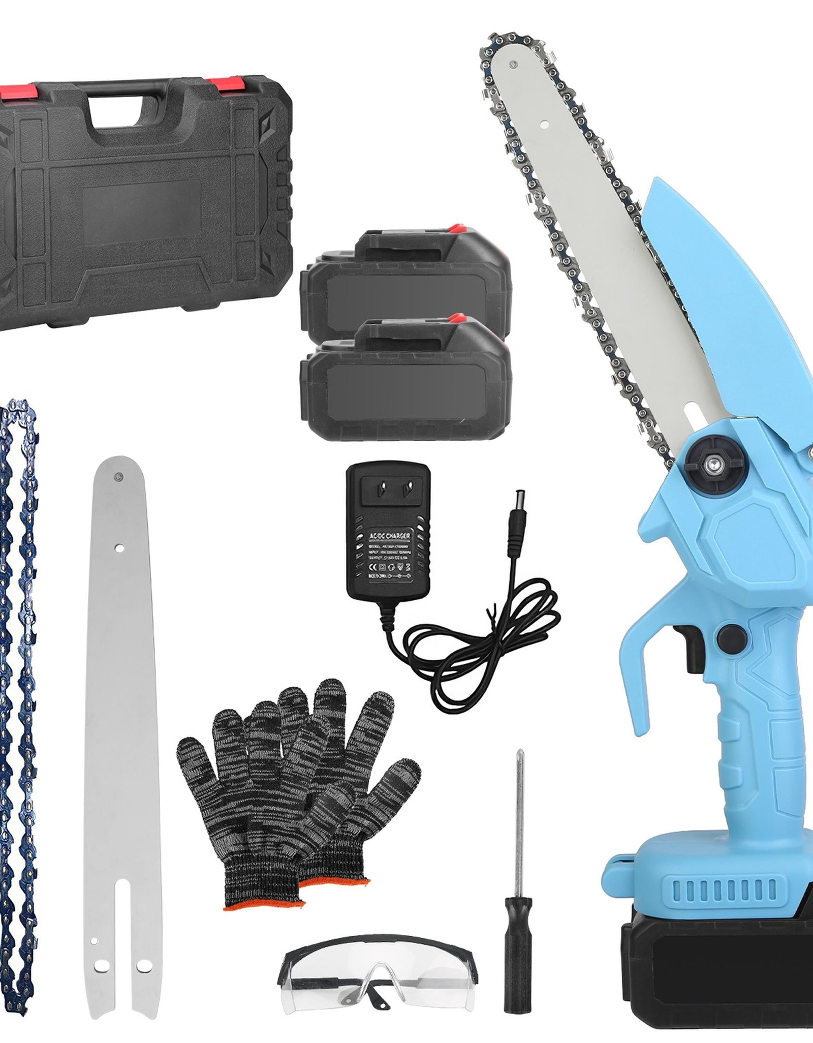 Electric Mini Chainsaw, Cordless, 2 Batteries, 8in Chain, Gloves, Goggles