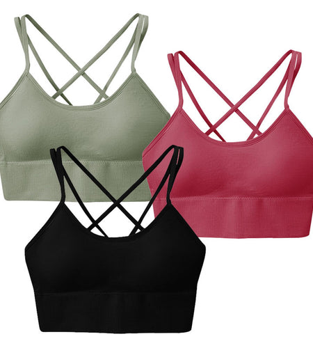 3Packs Women Cross Back Sport Bras Padded Strappy Medium Support Bras Sexy Fitness Tank Tops with Removable Pads for Gym Yoga Workout Running