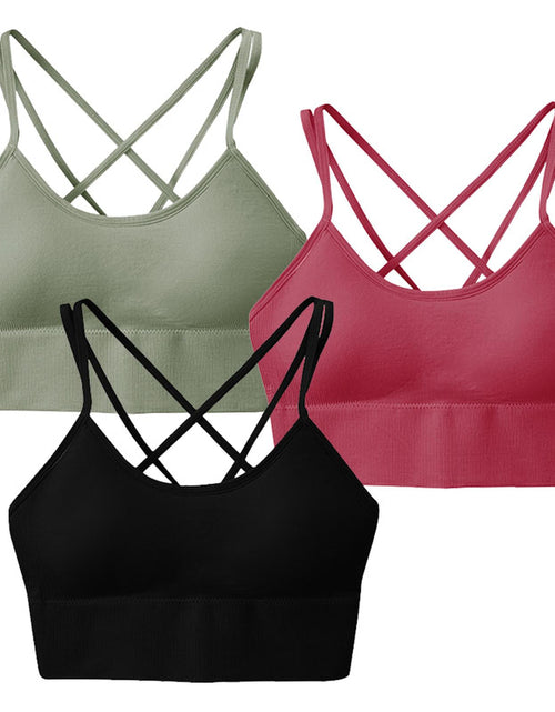 Load image into Gallery viewer, 3Packs Women Cross Back Sport Bras Padded Strappy Medium Support Bras Sexy Fitness Tank Tops with Removable Pads for Gym Yoga Workout Running
