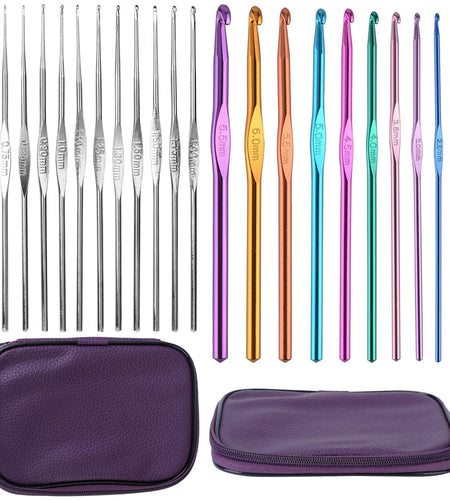 22Pcs Multi-Color Crochet Hook Needles Aluminum Handle Sewing Kit DIY Hand Knitting Craft Art Tools Weave Yarn Set 0.6mm-6.5mm w/ Storage Case
