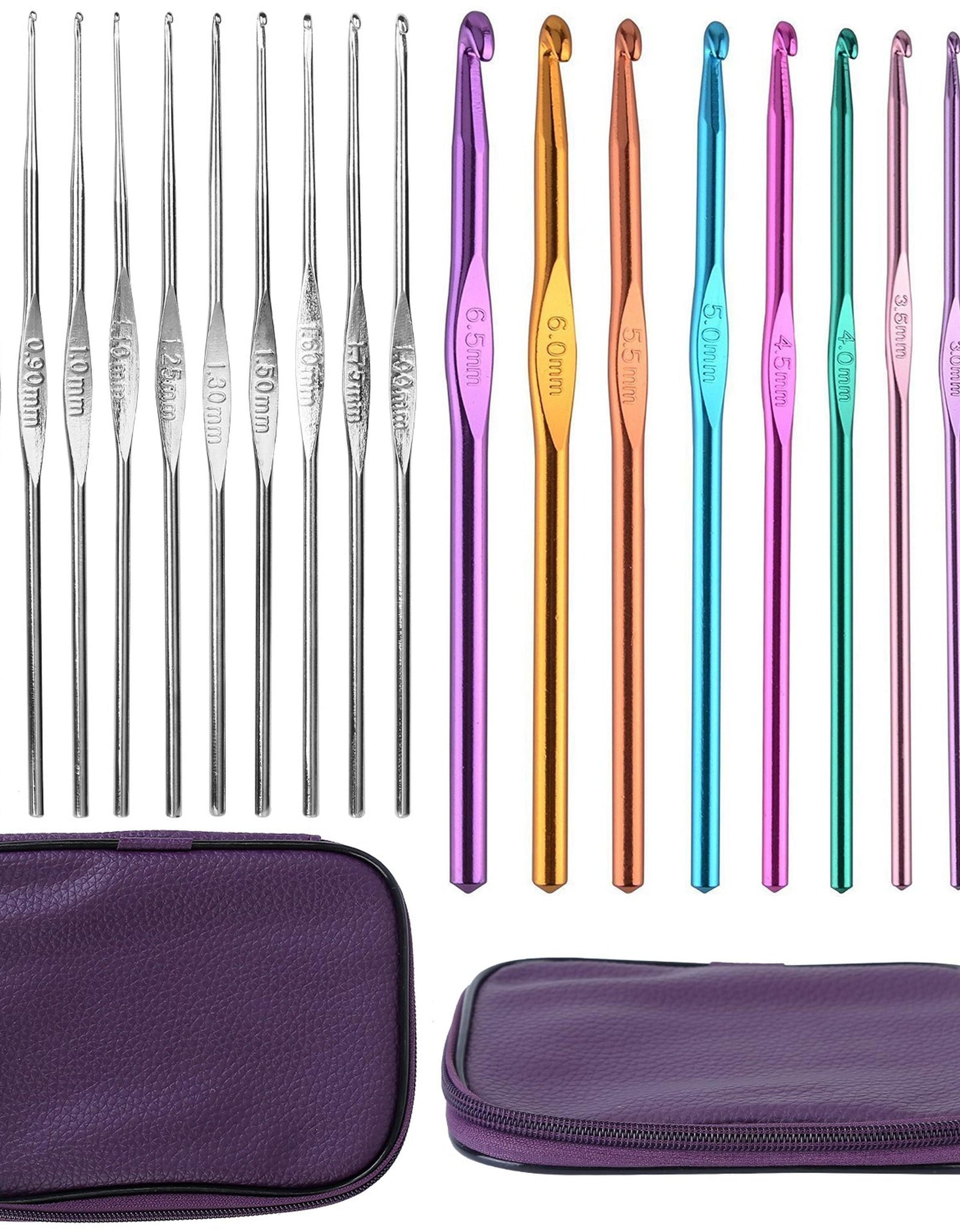 22Pcs Multi-Color Crochet Hook Needles Aluminum Handle Sewing Kit DIY Hand Knitting Craft Art Tools Weave Yarn Set 0.6mm-6.5mm w/ Storage Case