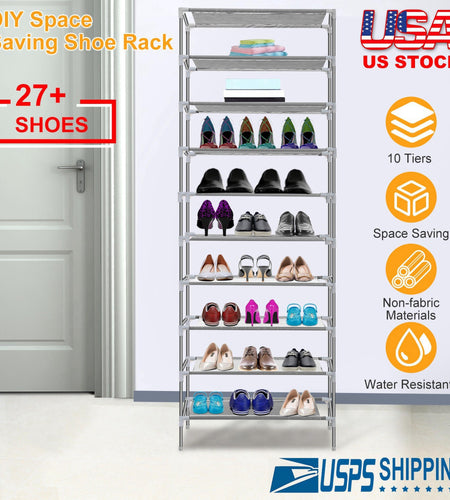 10 Tiers Shoes Rack Shelves 27 Pairs Shoes Storage Organizer Stand Non-Woven Fabric Detachable Shoes Tower Stackable Shoes Storage Rack for Entryway