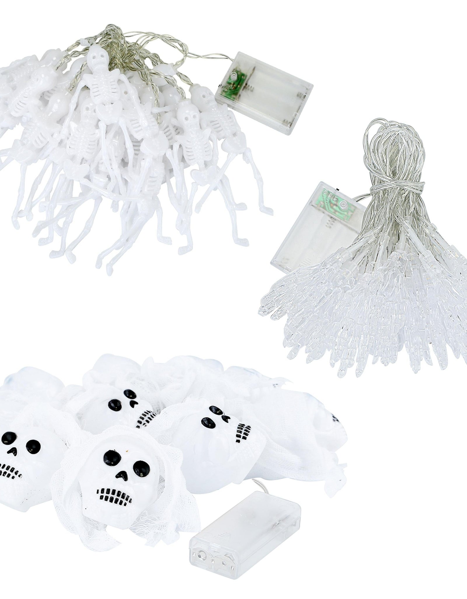 3Pcs Halloween Light Decorations Total 50 LEDs 24ft Halloween String Lights Colorful 3D Skeleton Ghost String Lights Gauze Skull String Lights Spooky