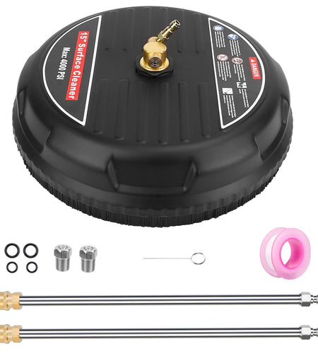15in High Pressure Flat Surface Cleaner 4000PSI Disc Power Washer Broom w/ 2 Washer Extension Wands 2 x Replacement Nozzles